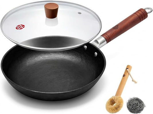 WANGYUANJI 10.2Inch Cast Iron Skillet with Lid-Handcrafted Vintage Frying Pan with Refined Tortoise Shell Texture,Flat Bottom Omelet Pan for Induction,Gas & Electric (Requires Seasoning)