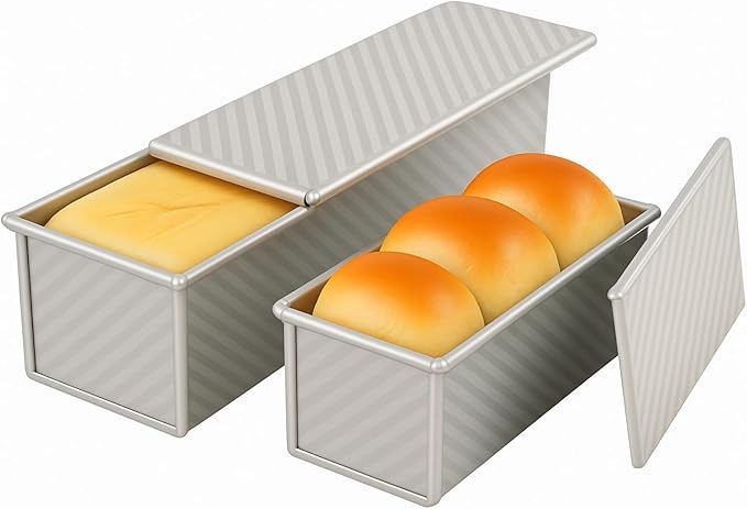 2-Pack Pullman Loaf Pan with Lid –Includes Two Size 13 by 5 & 8.4 by 4.8 Loaf Pan, Silver Textured Finish, Vented Bottom, Nonstick Bread Pan Set, Ideal for Sandwich Bread, Toast, Sourdough