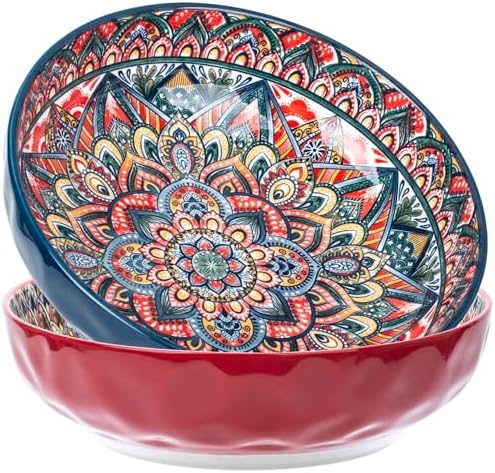 75 Oz Serving Bowls,Bohemian Style Large Porcelain Dishes for Entertaining Parties,Big Bowls for Eating Soup, Salad, Pasta, Fruit, Chips, 10.3 Inch Diameter (blue.red)