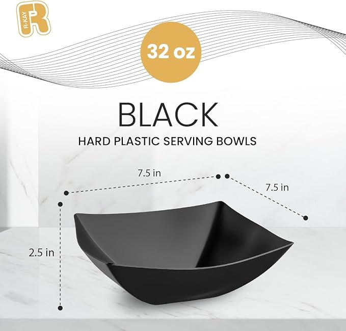 R-kay 6 Pack Square Plastic Serving Bowls - Black Plastic bowls 32 Oz - Premium Black Disposable bowls Heavy Duty For Weddings Catering And Birthday parties