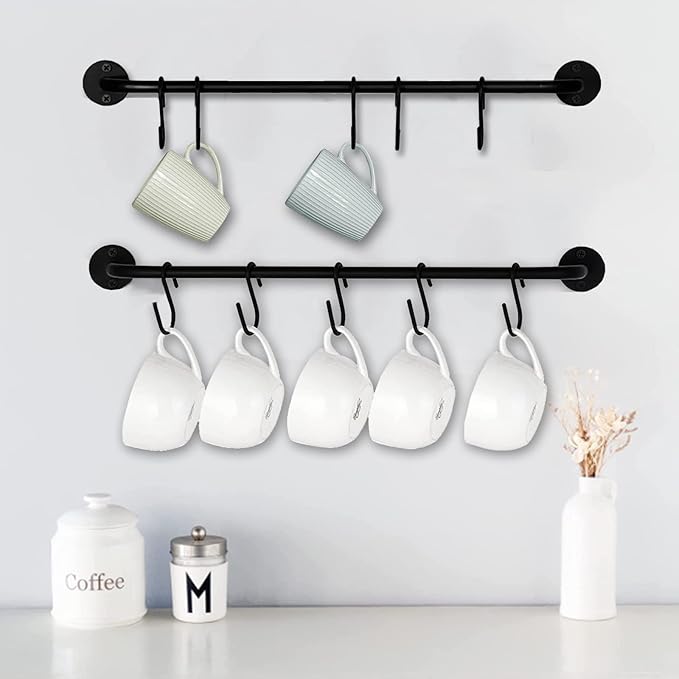 Wall Mounted Coffee Mug Holder - Black Metal Rod with 5 Removable Hooks for Kitchen or Restaurant