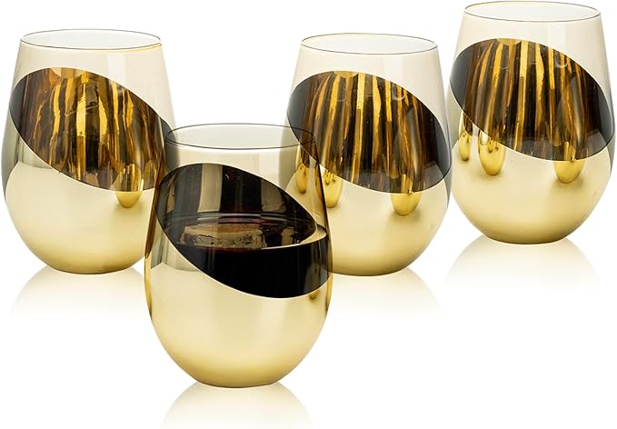 MyGift 18 oz Mid Century Smoked Brown Stemless Wine Glasses with Angled Brass Accents, Translucent Vintage Amber Glass Cocktail Beverage Drinking Cups, Set of 4