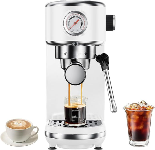 20 Bar Espresso Machine with Milk Frother, Professional Compact Espresso Maker, Stainless Steel Coffee Machine with Precise Temp Control & 44oz Removable Water Tank for Latte, Cappuccino, White
