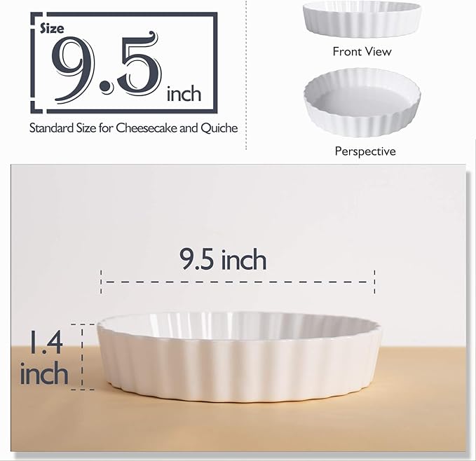 DELLING Set of 2 Ceramic Tart Pans, 9.5 inch Quiche Pan, Fluted Edge Quiche Baking Dish/Pie Pan, Perfect for Baking Tart Pies and Chicken Pot Pie, Cheesecake, Creme Brulee, Round, White