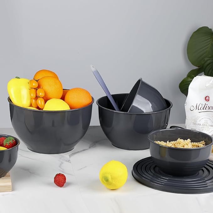 Plastic Mixing Bowls with Lids Set for Kitchen, Nesting Bowls for Mixing, Baking, Prepping, Cooking and Serving Food, Mixing Bowls Dishwasher, Microwave Safe (Dark Gray)