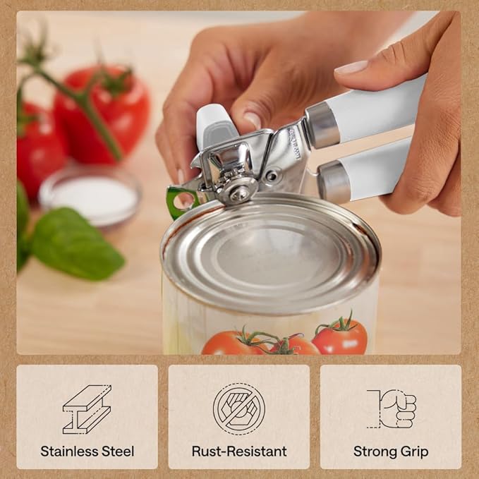 GORILLA GRIP Heavy Duty Stainless Steel Smooth Edge Manual Can Opener and Bottle Openers, Soft Comfortable Handle, Oversized Handheld Turn Knob, US Designed Multifunctional Kitchen Tool, White