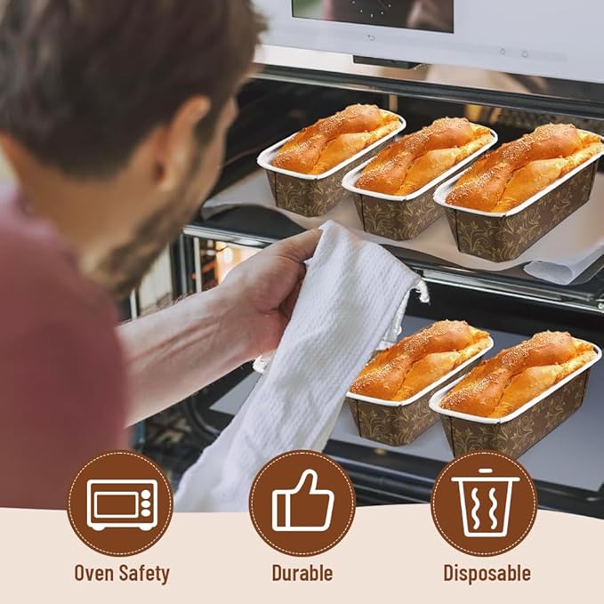 50 PCS Paper Loaf Pans for Baking, 6.3 x 2.2 x 2.2 Inch Small Disposable Baking Pans with Clear Plastic Bags and Ties, Rectangle Paper Bread Pans for Cake Bread Oven Loaf Bakery