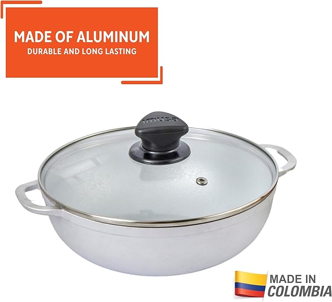 IMUSA Caldero Cast Aluminum Stock Pot 7 Qt with Glass Lid, 30 cm Diameter, Heavy Bottom Cooking Pot with Riveted Handles, Oven Safe Rice Pot for Stews, Soups and Beans
