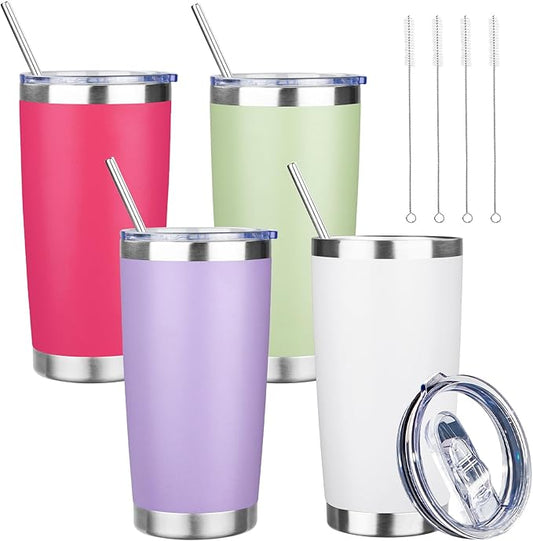 20 oz Tumbler with Lids and Straws, Stainless Steel Insulated Travel Coffee Mug, Double Wall Vacuum Insulated Tumblers, Powder Coated Coffee Tumbler for Cold & Hot Drinks (Mix Color-4, 4 Pack)
