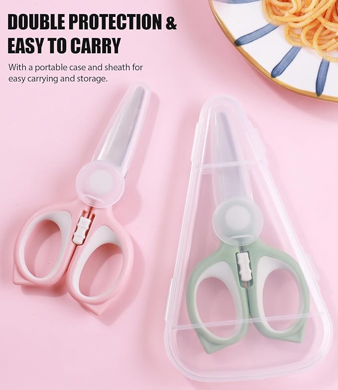 Baby Food Scissors Kicthen Shears -2Pack Portable Healthy Kids Scissors,Stainless Steel Scissor with Storage Travel Case - Ideal for Cutting Meat, Chicken, Vegetables, and Fruits