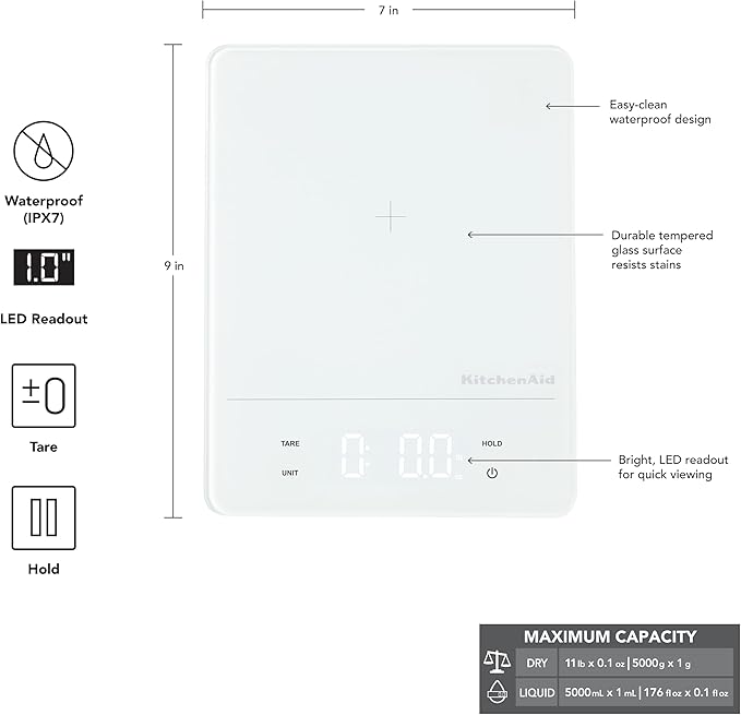KitchenAid KQ913 Digital Waterproof (IPx7) Kitchen and Food Scale, LED readout, 11 Pound Max Capacity, White