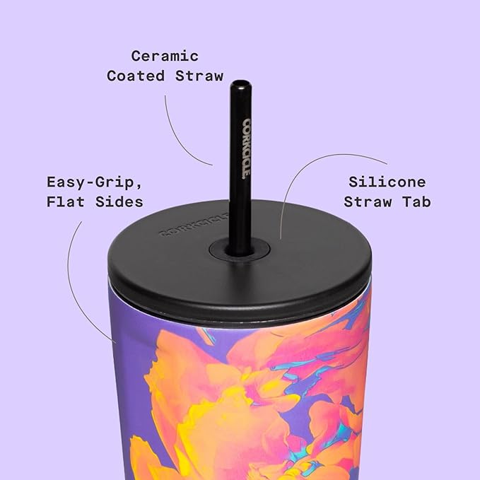 Corkcicle Cold Cup Insulated Tumbler with Straw - Keeps Drinks Cold for 12 Hours - Triple-Insulated Stainless Steel - Leak-Resistant Lid - Summer Drinkware Gift - 24 oz - Super Bloom