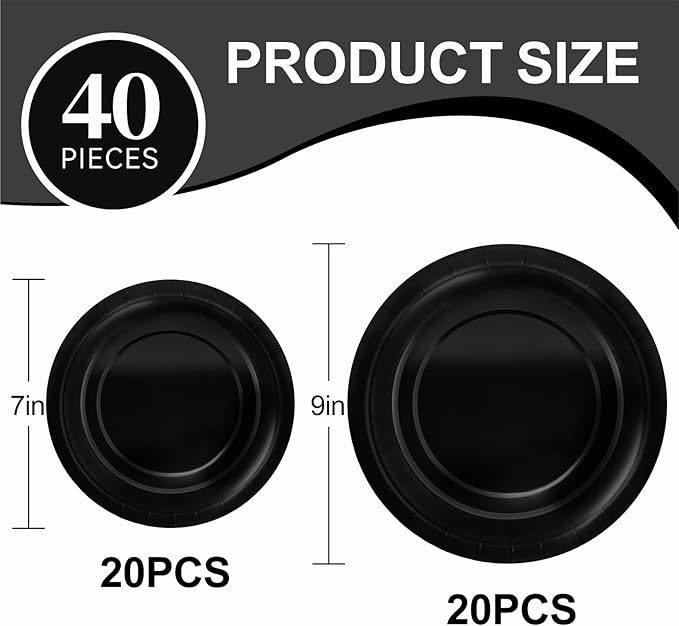 40Pcs Disposable Paper Plates Black,Including 20pcs 9" and 20pcs 7" Plates,Strong and Sturdy Disposable Plates for Party, Dinner, Holiday, Picnic,Birthday Party, Dinner Table, Wedding