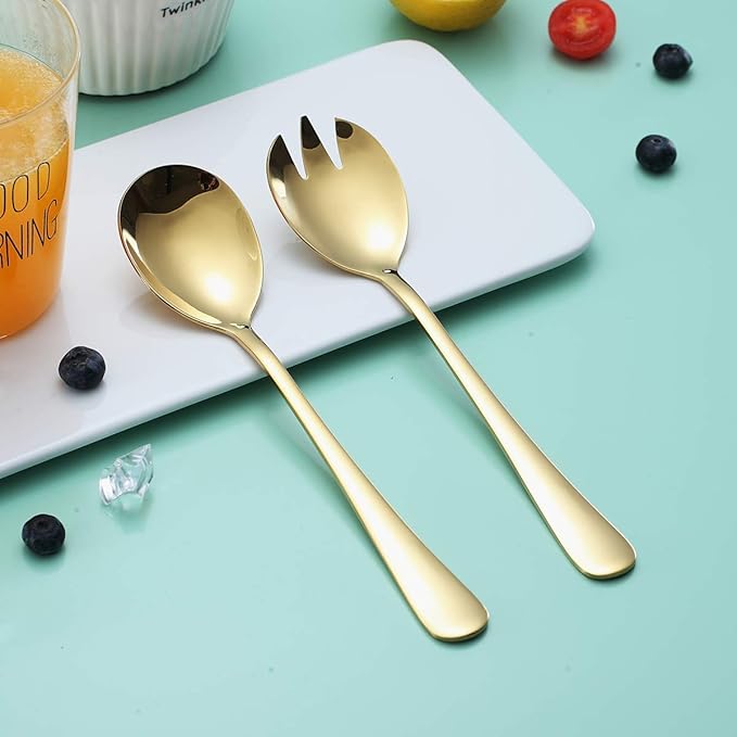 Gold Salad Server Set, Berglander Stainless Steel Salad Serving Set With Titanium Gold Plating, Salad Servers, Salad Spoon, Salad Fork, Pack of 2 (Shiny Gold)