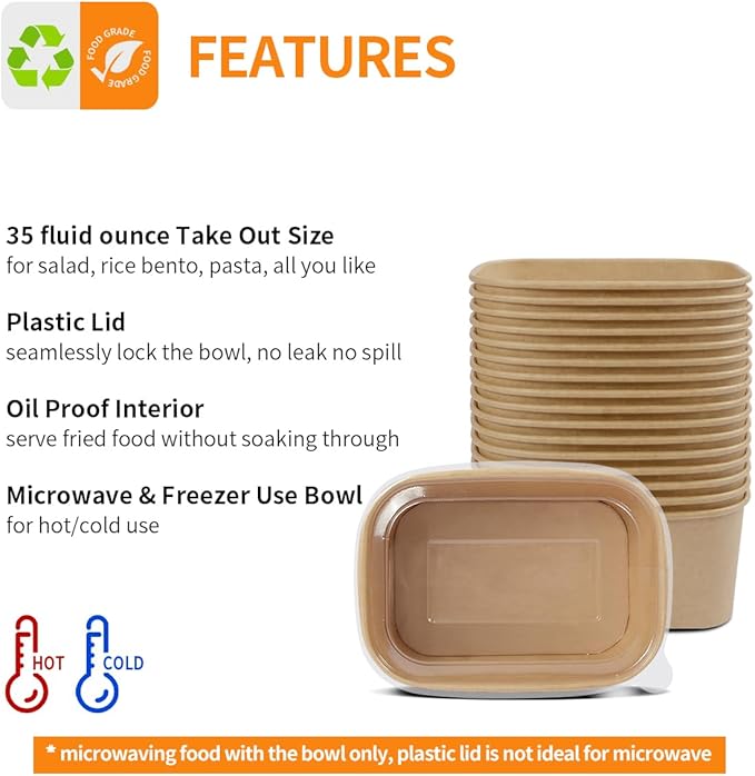 Celel 50 Pack 35 oz Paper Food Containers with Lids, Paper Meal Prep Containers Microwavable and Freezer Use Cardboard Food Concertinas - 50 Bowls 50 Lids