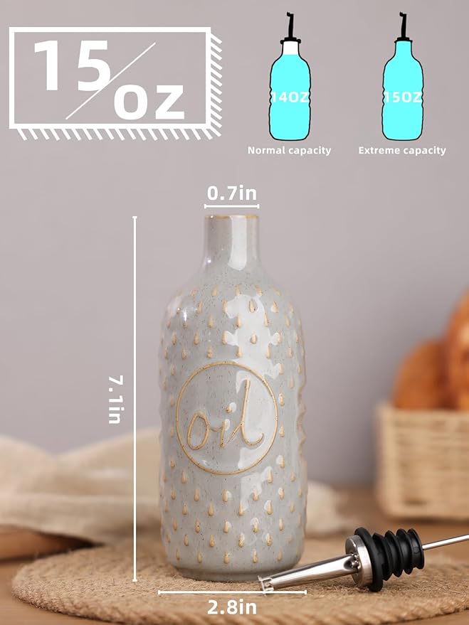 Ceramic Olive Oil Dispenser Bottle,15 Oz Oil Dispenser for Kitchen Counter,Suitable for Storage Oil, Vinegar, Coffee Syrups & Other Liquids (Vintage Grey)