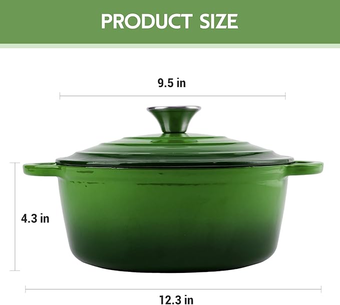 4 Quart Dutch Oven Enameled Cast Iron with Lid - Big Dual Handles - Oven Safe up to 500°F - Classic Round Pot for Versatile Cooking Green