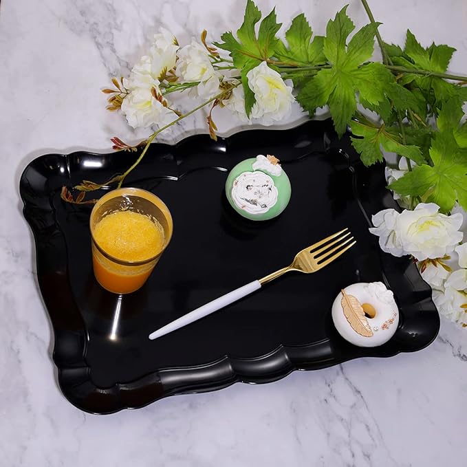 BBG 6 Pack Black Plastic Serving Trays, 15" x 10" Party Platters and Trays, Rectangle Black Plastic Serving Trays, Dishwasher Safe Reusable Platters Set, Plastic Trays for Party
