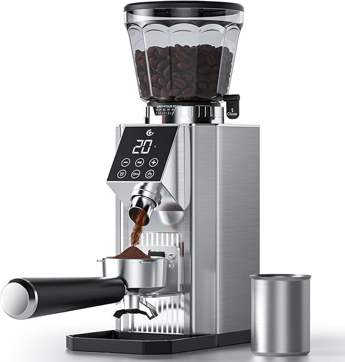 Burr Coffee Grinder with 45 Gind Settings, Anti-Static Conical Burr, Precision Electronic Timer & LED Touchscreen for Espresso/Drip/Cold Brew/French Press, All-Metal Stainless Steel Body, Silver