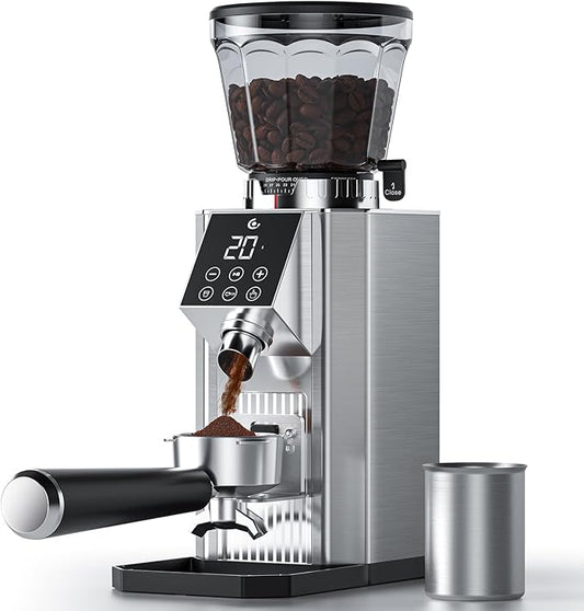Burr Coffee Grinder with 45 Gind Settings, Anti-Static Conical Burr, Precision Electronic Timer & LED Touchscreen for Espresso/Drip/Cold Brew/French Press, All-Metal Stainless Steel Body, Silver