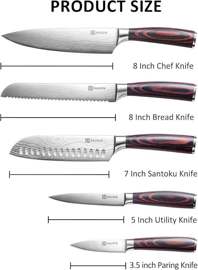 PAUDIN Knife Set, 5PCS Kitchen Knife Set without Block, Stainless Steel Chef Knife Set with Pakkawood Handle, Professional Kitchen Gift Sets for Cooking Lovers