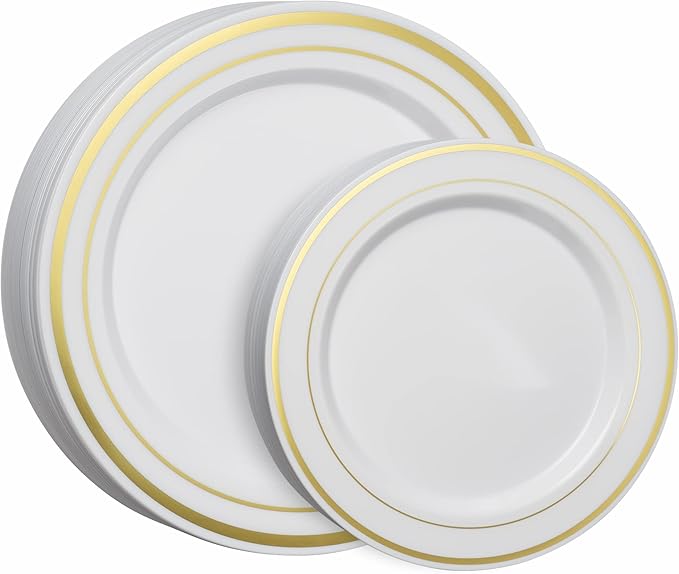 SETUP 60-Piece Gold Trim Plastic Dinnerware Set – 30 10.25" Dinner & 30 7.5" Salad Plates – Heavy-Duty Disposable for Weddings, Catering, Parties