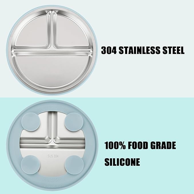 PandaEar 3 Pack Stainless Steel Baby Suction Plates, Divided Toddler Plate for Baby Led Weaning Supplies, Non-Slip Toddler Baby Feeding Set Dishwasher Safe (Blue/Green/Brown, With Lids)