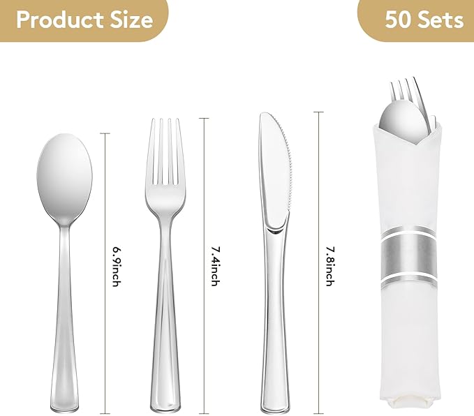 Goodluck 50 Pack Pre Rolled Silver Plastic Silverware, Wrapped Plastic Cutlery Set with Napkin Include 50 Forks, 50 Knives, 50 Spoons and 50 Napkins, Fancy Disposable Silverware for Party, Wedding