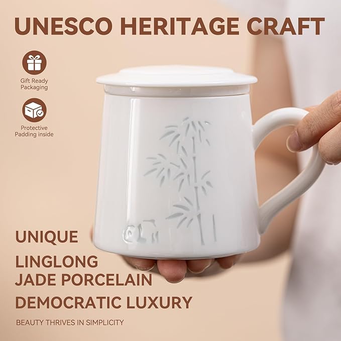 Ceramic Tea Mug with Infuser & Lid - 10.6oz Handcrafted Translucent Cup, Loose Leaf Tea Cup with Infuser, Insulated Ceramic Coffee Mugs with Lid，Perfect Gift Set for Women/Men