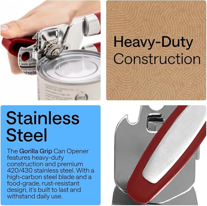 GORILLA GRIP Heavy Duty Stainless Steel Smooth Edge Manual Can Opener and Bottle Openers, Soft Comfortable Handle, Oversized Handheld Turn Knob, US Designed Multifunctional Kitchen Tool, Red