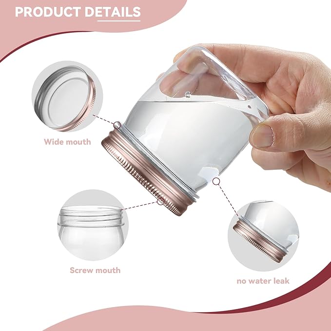 novelinks 8 oz Clear Plastic Jars with Airtight Lids, 48 Pack Plastic Mason Jars with Lids 8oz, Refillable Storage Slime Containers & Small Spice Jar for Kitchen Organization (48 Pack,Rose Gold)