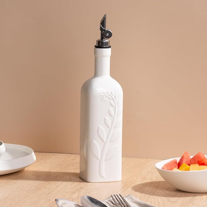 20 Oz Olive Oil Dispenser Bottle with Spout, Ceramic Large Oil Dispenser for Kitchen, Relief Opaque Oil Cruet Vinegar Container Suitable for Storage Oil, Vinegar, Soy Sauce for Housewarming Gifts