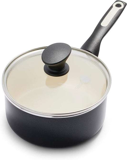 GreenPan Rio Healthy Ceramic Nonstick 2QT Saucepan Pot with Lid, PFAS-Free, Dishwasher Safe, Black