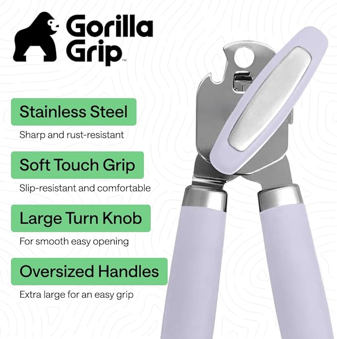 GORILLA GRIP Heavy Duty Stainless Steel Smooth Edge Manual Can Opener and Bottle Openers, Soft Comfortable Handle, Oversized Handheld Turn Knob, US Designed Multifunctional Kitchen Tool, Lavender