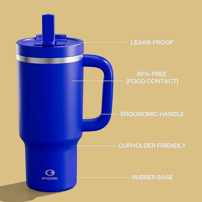32 oz Tumbler with Handle and Straw: Stainless Steel Insulated Tumbler Keeps Cold for 24 Hours, Leakproof Travel Cup Fits in Cup Holder and BPA-Free,Royal Blue