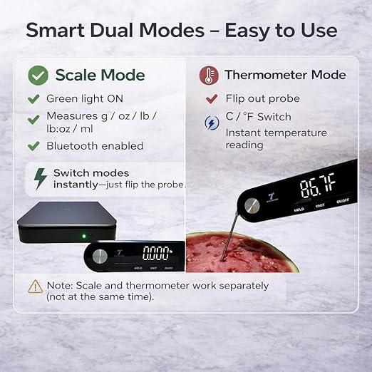11lb Digital Kitchen Food Scale with Pull Out Display & Meat Thermometer, 0.1g Precision Wireless Scale for Baking, 304 Stainless Steel, LED Screen, 5 Units, USB Rechargeable