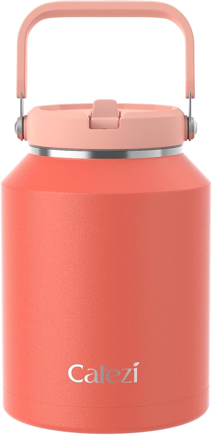 64 oz Insulated Water Bottle with Flip Straw, Vacuum Insulated Stainless Steel Jug with Top Handle, Leak-Proof Lid, Sweat-Free, Wide Mouth, Keeps Ice Cold up to 34 Hours