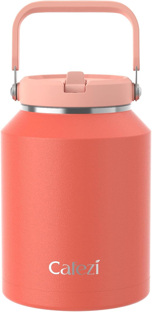 64 oz Insulated Water Bottle with Flip Straw, Vacuum Insulated Stainless Steel Jug with Top Handle, Leak-Proof Lid, Sweat-Free, Wide Mouth, Keeps Ice Cold up to 34 Hours
