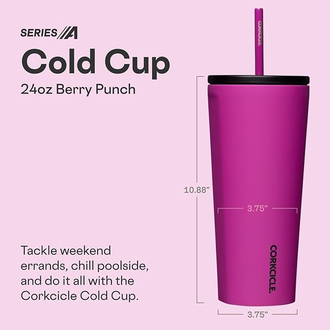 Corkcicle Cold Cup Insulated Tumbler with Straw - Keeps Drinks Cold for 12 Hours - Triple-Insulated Stainless Steel - Leak-Resistant Lid - Summer Drinkware Gift - 24 oz - Berry Punch