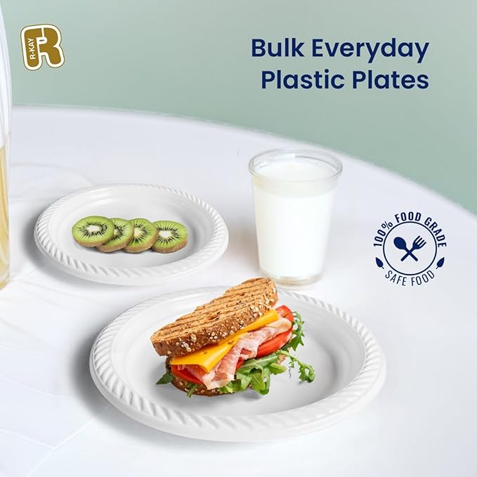 R-kay 100 Pack 7 Inch Plastic Plates Disposable - Heavy Duty White Disposable Plates - Microwavable Disposable Plastic Plates (100, 7 Inch)
