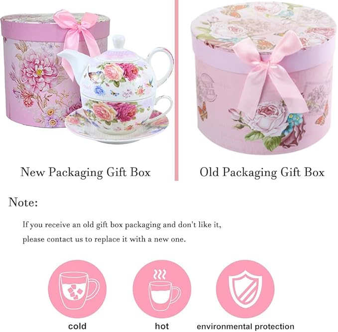 ONEUSTAR Tea for One Set Ceramic Floral Teapot and Cup Saucer Set for Women Mother's Day Birthday Gift in Reusable Handmade Gift Box, Pink