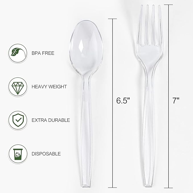 [400 Count] Clear Plastic Forks and Spoons Set Bulk - Heavy Duty Disposable Spoons and Forks Silverware, Plastic Utensils Cutlery Set for Party (Pack of 2)
