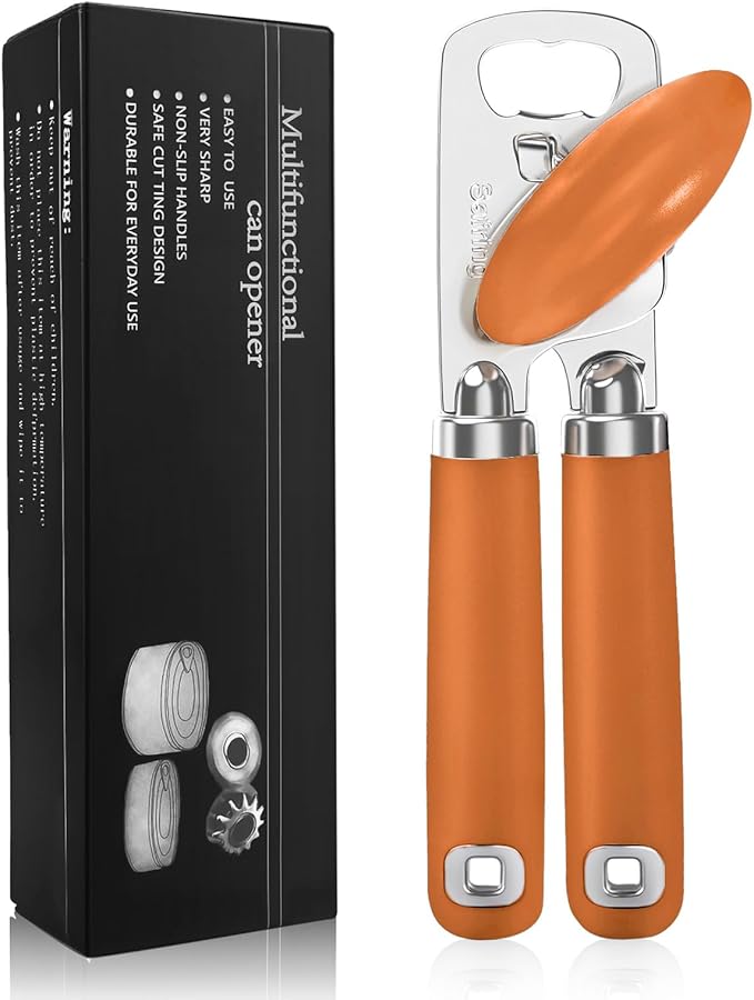 Can Opener Manual, Heavy Duty Stainless Steel Smooth Edge Can Opener With Soft Touch Handle, Oversized Handheld Easy Turn Knob, Multi-Function Bottle Opener, Orange