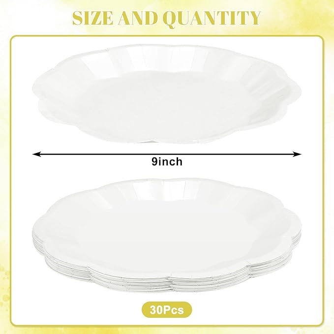 30 Pcs White Paper Plates, 9 Inch Scalloped Paper Plates Disposable Dinner Plate Dessert Cake Plate Party Supplies for Wedding Bridal Baby Shower Birthday