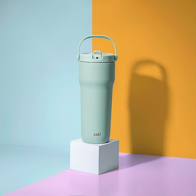 Zak Designs Sutton Travel Tumbler for On the Go, 30oz Stainless Steel with Vacuum Insulation, Straw Spout, Carry Handle for Cold Drinks (Icicle Mint Green)