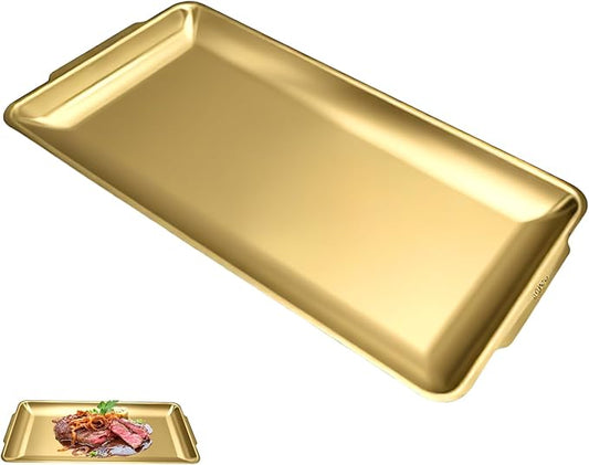 304 Stainless Steel Food Serving Tray, 12.6 Inch Rectangular Serving Tray Platters with Brushed Finish, Ideal for Kitchen Party Organizer Dining Buffet and Outdoor Events (Gold)