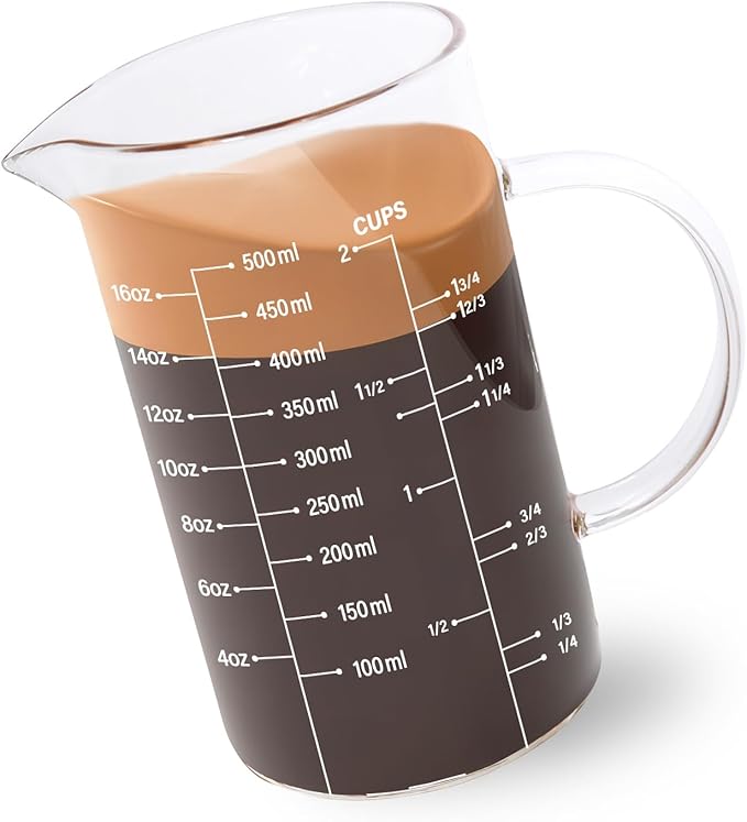Newness Glass Measuring Cup with Handle, 500 ML (0.5 Liter, 2 Cup) Measuring Cup with Three Scales (OZ, Cup, ML/CC) and V-Shaped Spout, Measuring Beaker for Kitchen or Restaurant, Easy to Read
