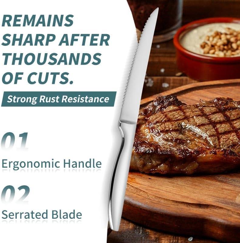 Serrated Steak Knives Set of 6, Dishwasher Safe Kitchen Steak Knives Set