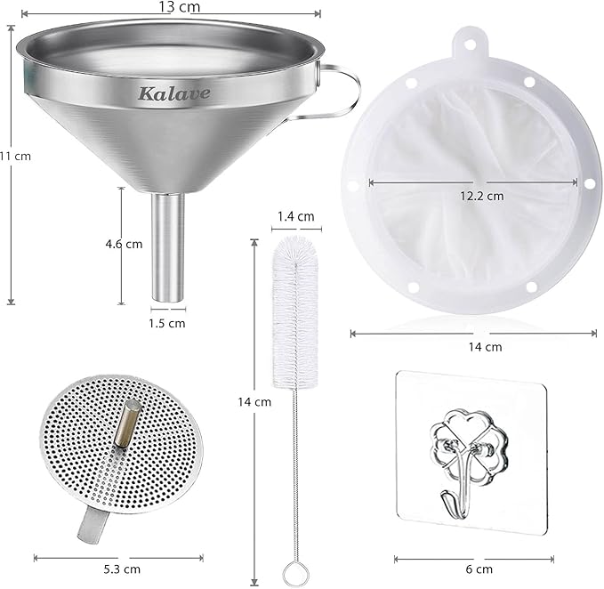 KALAVE Premium Stainless Steel Funnel, 5 Inch Food Grade Kitchen Funnels with 200 Mesh Food Filter Strainer for Filling Bottles, Oils, Juice, Wine, Coffee, Milk