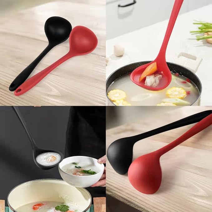 12" Silicone Ladle Spoon Set of 2, Long handle soup spoons Seamless & Nonstick, Heat resistant 600 °F Kitchen Soup Ladles for Cooking.